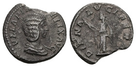 Julia Domna, AD 193-217. AR, Denarius. 1.73 g. 18.10 mm. Rome.
Obv: IVLIA PIA [F]ELIX AVG. Bust of Julia Domna, hair elaborately waved in ridges and t...