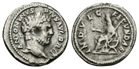 Caracalla, AD 197-217. AR, Denarius. 2.67 g. 19.43 mm. Rome.
Obv: ANTONINVS PIVS AVG BRIT. Head of Caracalla, laureate, bearded, right.
Rev: INDVLG FE...