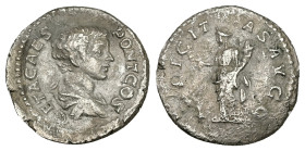 Geta as Caesar, AD 198-209. AR, Denarius. 2.10 g. 19.14 mm. Laodicea. 
Obv: GETA CAES PONT COS. Bust of Geta, bare-headed, draped, right.
Rev: FELICIT...