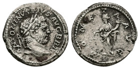 Caracalla, AD 198-211. AR, Denarius. 2.60 g. 18.95 mm. Rome.
Obv: ANTONINVS PIVS AVG BRIT. Head of Caracalla, laureate, bearded, right.
Rev: MONETA AV...
