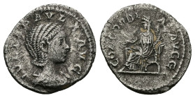 Julia Paula, AD 219-220. AR, Denarius. 2.31 g. 19.92 mm. Rome.
Obv: IVLIA PAVLA AVG. Bust of Julia Paula, hair waved and fastened in plait, draped, ri...