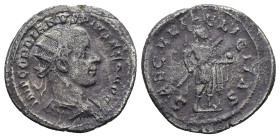 Gordian III, AD 238-244. AR, Antoninianus. 3.23 g. 23.47 mm. Rome.
Obv: IMP GORDIANVS PIVS FEL AVG. Bust of Gordian III, radiate, draped, cuirassed, r...