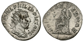 Philip I, AD 244-249. AR, Antoninianus. 2.93 g. 21.75 mm. Rome.
Obv: IMP M IVL PHILIPPVS AVG. Bust of Philip the Arab, laureate, draped, cuirassed, ri...