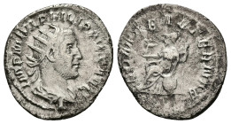 Philip I, AD 244-249. AR, Antoninianus. 3.48 g. 23.10 mm. Rome.
Obv: IMP M IVL PHILIPPVS AVG. Bust of Philip the Arab, radiate, draped, right.
Rev: RO...