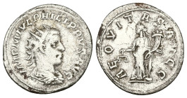 Philip II, AD 247-249. AR, Antoninianus. 3.64 g. 23.54 mm. Antioch.
Obv: IMP M IVL PHILIPPVS AVG. Bust of Philip II, radiate, draped, cuirassed, right...