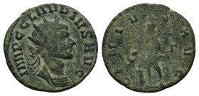 Claudius II Gothicus, AD 268-270. AE, Antoninianus. 2.43 g. 20.36 mm. Rome.
Obv: IMP C CLAVDIVS AVG. Bust of Claudius Gothicus, radiate, cuirassed, ri...