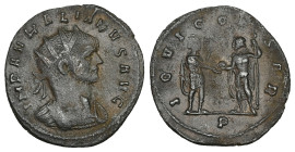Aurelian, AD 270-275. Bl, Antoninianus. 2.52 g. 23.47 mm. Siscia.
Obv: IMP AVRELIANVS AVG. Bust of Aurelian, radiate, cuirassed, right.
Rev: IOVI CONS...