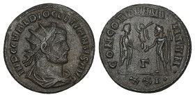 Diocletian, AD 284-305. Radiatus. 3.19 g. 20.39 mm. Kyzikos.
Obv: IMP C C VAL DIOCLETIANVS P F AVG. Bust of Diocletian, radiate, draped, cuirassed, ri...