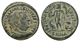Licinius I, AD 308-324. AE, Follis. 3.03 g. 18.19 mm. Nicomedia.
Obv: IMP C VAL LICIN LICINIVS P F AVG. Bust of Licinius, radiate, draped, cuirassed, ...