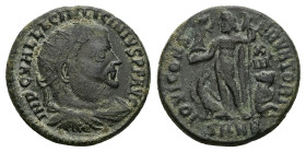 Licinius I, AD 308-324. AE, Follis. 3.61 g. 19.04 mm. Nicomedia.
Obv: IMP C VAL LICIN LICINIVS P F AVG. Bust of Licinius, radiate, draped, cuirassed, ...