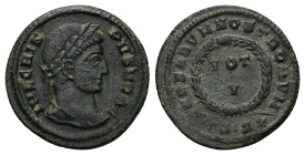 Crispus as Caesar, AD 316-326. AE, Follis. 2.86 g. 19.81 mm. Siscia.
Obv: IVL CRISPVS NOB C. Head of Crispus, laureate, right.
Rev: CAESARVM NOSTRORVM...