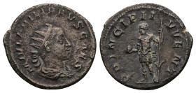 Philip II as Caesar, AD 244-247. Antoninianus. 3.97 g. 23.31 mm. Rome.
Obv: M IVL PHILIPPVS CAES. Bust of Philip II, radiate, draped, cuirassed, right...