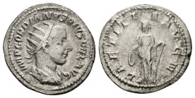 Gordian III, AD 238-244. AR, Antoninianus. 4.35 g. 22.73 mm. Rome.
Obv: IMP GORDIANVS PIVS FEL AVG. Bust of Gordian III, radiate, draped, cuirassed, r...