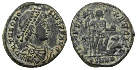 Theodosius I, AD 379-395. AE, Follis. 5.20 g. 22.84 mm. Heraclea.
Obv: D N THEODOSIVS P F AVG. Pearl-diademed, draped and cuirassed bust of Theodosius...