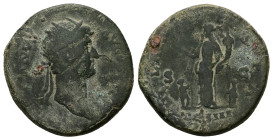Hadrian, AD 117-138. AE. 12.68 g. 27.76 mm. Rome.
Obv: Head of Hadrian, radiate, right.
Rev: [HILARITAS P R], COS III, S C. Hilaritas, rarely naked to...