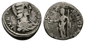 Julia Domna, AD 193-217. AR, Denarius. 2.92 g. 16.64 mm. Laodicea ad Mare.
Obv: IVLIA AVGVSTA. Bust of Julia Domna, hair waved and coiled at back, dra...
