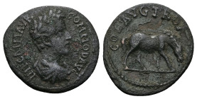 Troas, Alexandria. Commodus, AD 177-192. AE. 3.63 g. 22.81 mm.
Obv: IMP CAI(sic) M AVR COMMOD AVG. Laureate head of Commodus with traces of drapery, r...