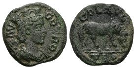Troas, Alexandria. Pseudo-autonomous, Time of Gallienus (AD 260-268). AE, As. 4.11 g. 21.03 mm.
Obv: AVG CO TRO. Draped bust of Tyche, right; behind h...
