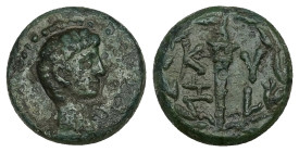 Mysia, Kyzikos. Augustus, Augustus, 27 BC-AD 14. AE. 4.45 g. 11.23 mm.
Obv: Bare head of Augustus, right.
Rev: ΚΥΖΙ. Torch in wreath.
Ref: RPC 2244; B...