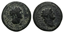 Lydia, Sardes. Nero, c. AD 65. AE. 2.50 g. 16.02 mm. Tiberius Claudius Mnaseas, magistrate.
Obv: ƐΠΙ ΤΙ ΜΝΑϹƐΟΥ ϹΑΡΔΙΑΝΩΝ. Bust with wreath and lion s...