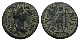 Lydia, Silandus. Domitia, AD 81–96. AE. 2.51 g. 15.56 mm.
Obv: ΔΟΜΙΤΙΑ ΑΥΓΟΥϹΤΑ. Draped bust of Domitia, r.
Rev: ϹΙΛΑΝΔƐΩΝ. Mên standing, l., holding ...