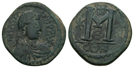Anastasius I, AD 491-518. AE, Follis. 9.66 g. 24.60 mm. Constantinople.
Rev: DNANASTA-SIVSPPAVC. Bust of Anastasius I facing right with diadem, cuiras...