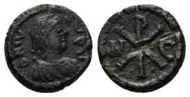 Justin I, AD 518-527. AE, Pentanummium. 3.03 g. 15.66 mm. Constantinople.
Obv: DNIV[STI]-[N]V[S[ P A[VG]. Pearl diademed, draped, cuirassed bust of Ju...