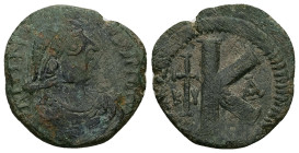 Justin I, AD 518-527. AE, Half Follis. 9.31 g. 25.21 mm. Cyzicus. 1st officina.
Obv: DN IVSTI-NVS PP Pearl diademed, draped, cuirassed bust right.
Rev...