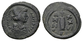 Justinian I, AD 527-565. AE, Decanummium. 2.97 g. 19.49 mm.
Obv: DNIVSTINI-ANVSPPAVC. Bust of Justinian I facing right with diadem, cuirass and palud...