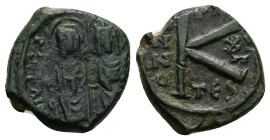 Justin II and Sophia. AD 565-578. AE, Half Follis. 5.93 g. 19.84 mm. Thessalonica.
Obv: [D]NIV[STI]-[NVSPPAVC]. Justin II on left and Sophia on right,...
