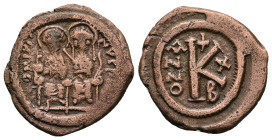 Justin II and Sophia. AD 565-578. AE, Half Follis. 6.18 g. 25.41 mm. Dated RY 10 (574/75).
Obv: DNIV[STI]-NVS[PPAVC]. Justin II on left and Sophia on ...
