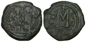 Justin II and Sophia. AD 565-578. AE, Follis. 14.38 g. 31.92 mm. Constantinople. Dated RY 4 (568-69).
Obv: DNIVSTI-NVSPPAVC. Justin II on left and Sop...