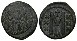 Leo III and Constantine V, AD 717-741. AE, Follis. 6.43 g. 23.63 mm. Constantinople.
Obv: LEO[n S COST]. The busts of Leo, with short beard, and Const...