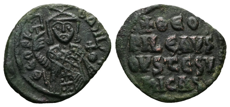 Theophilus, AD 830-842. AE, Follis. 2.79 g. 22.84 mm. Constantinople.
Obv: ΘEOFI...