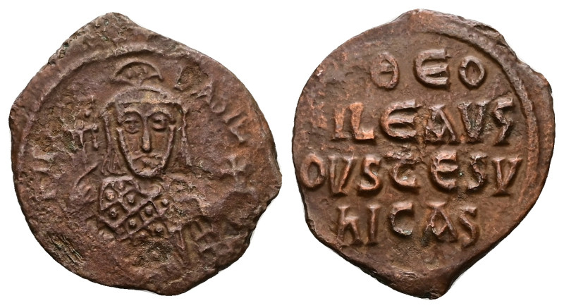 Theophilus, AD 830-842. AE, Follis. 3.97 g. 24.42 mm. Constantinople.
Obv: [ΘEOF...