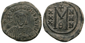 Theophilus, AD 830-842. AE, Follis. 9.07 g. 28.86 mm. Constantinople.
Obv: ✷ΘE-OFILbASIL. Crowned, three-quarter length figure of Theophilus facing, w...