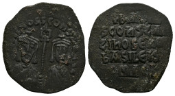 Basil I the Macedonian and Constantine, AD 867-886. AE, Follis. 5.58 g. 28.42 mm. Constantinople.
Obv: [+ЬASILIOS] S COҺST AЧG[G]. Crowned facing bust...