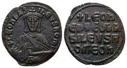 Leo VI the Wise, AD 886-912. AE, Follis. 3.87 g. 26.11 mm. Constantinople.
Obv: + LЄOҺЬAS-ILЄVSROM. Frontal bust of Leo VI with short beard wearing ch...