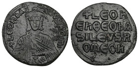 Leo VI the Wise, AD 886-912. AE, Follis. 5.39 g. 25.34 mm. Constantinople.
Obv: + LЄOҺЬAS-[ILЄ]VSROM. Frontal bust of Leo VI with short beard wearing ...