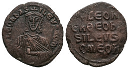 Leo VI the Wise, AD 886-912. AE, Follis. 5.55 g. 26.00 mm. Constantinople.
Obv: + LЄOҺЬAS-ILЄVSROM. Frontal bust of Leo VI with short beard wearing ch...
