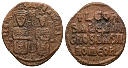 Leo VI the Wise and Alexander, AD 886-912. AE, Follis. 5.64 g. 25.28 mm. Constantinople. 
Obv: + LЄOҺ-SALЄΞAҺδROS. Leo on left and Alexander on right,...