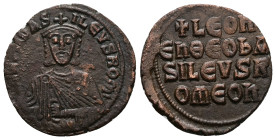 Leo VI the Wise, AD 886-912. AE, Follis. 6.25 g. 26.26 mm. Constantinople.
Obv: [+ LЄOҺЬ]AS-ILЄVSROM. Frontal bust of Leo VI with short beard wearing ...