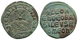Leo VI the Wise, AD 886-912. AE, Follis. 6.35 g. 26.70 mm. Constantinople.
Obv: + LЄOҺЬAS-ILЄVSROM. Frontal bust of Leo VI with short beard wearing ch...