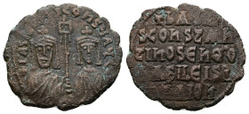 Basil I the Macedonian and Constantine, AD 867-886. AE, Follis. 6.54 g. 28.74 mm. Constantinople.
Obv: [+ЬASILIOS] S COҺST AЧG[G]. Crowned facing bust...