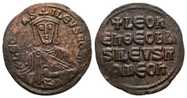 Leo VI the Wise, AD 886-912. AE, Follis. 6.68 g. 26.89 mm. Constantinople.
Obv: + LЄO[ҺЬ]AS-ILЄVSRO[M]. Frontal bust of Leo VI with short beard wearin...