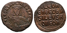 Leo VI the Wise, AD 886-912. AE, Follis. 6.69 g. 26.36 mm. Constantinople.
Obv: + LЄOҺЬAS-ILЄVSROM. Frontal bust of Leo VI with short beard wearing ch...