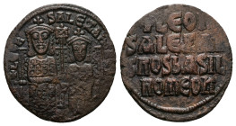 Leo VI the Wise and Alexander, AD 886-912. AE, Follis. 6.89 g. 25.46 mm. Constantinople. 
Obv: + LЄOҺ-SALЄΞAҺ[δROS]. Leo on left and Alexander on righ...
