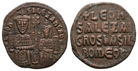 Leo VI the Wise and Alexander, AD 886-912. AE, Follis. 6.92 g. 24.78 mm. Constantinople. 
Obv: + LЄOҺ-SALЄΞAҺδRO[S]. Leo on left and Alexander on righ...