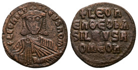 Leo VI the Wise, AD 886-912. AE, Follis. 7.07 g. 25.39 mm. Constantinople.
Obv: + LЄOҺЬAS-ILЄVSROM. Frontal bust of Leo VI with short beard wearing ch...