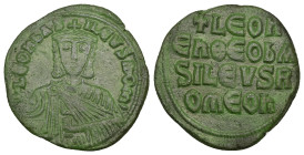 Leo VI the Wise, AD 886-912. AE, Follis. 7.51 g. 26.52 mm. Constantinople.
Obv: + LЄOҺЬAS-ILЄVSROM. Frontal bust of Leo VI with short beard wearing ch...